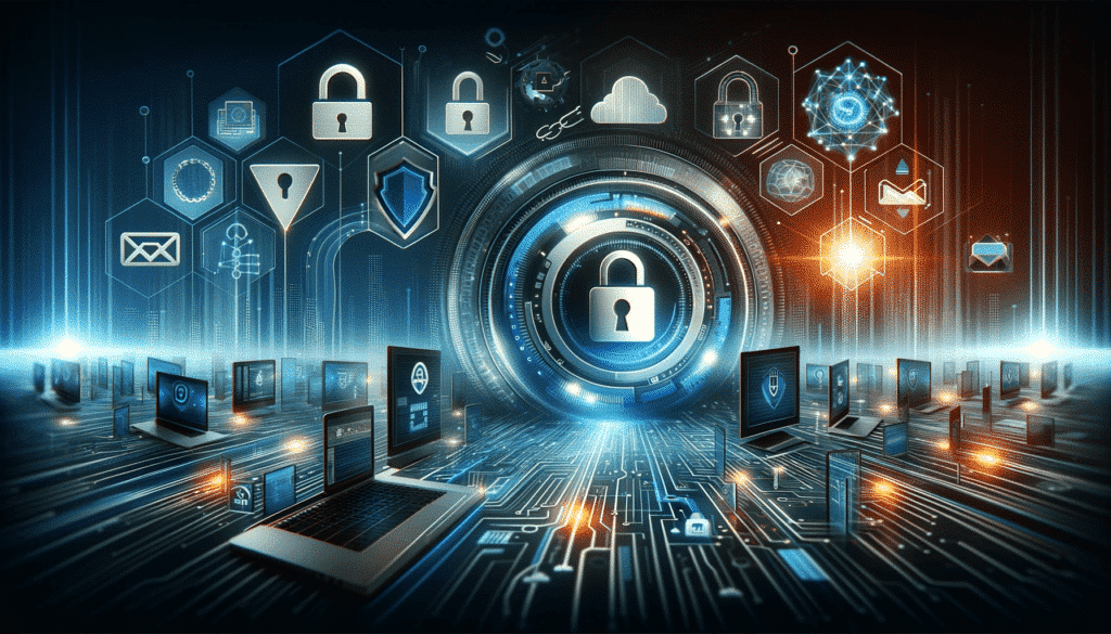 Professional header image for a website depicting IT security and email security, with modern digital landscape, encrypted email icons, digital locks and secure network connections, in a technology-inspired design.