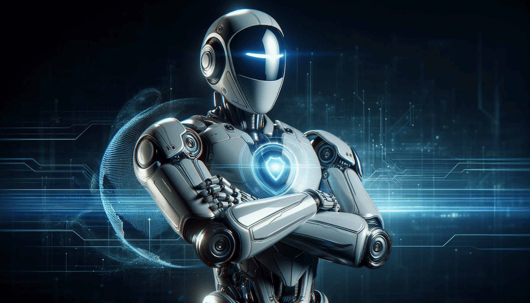 Un robot futuriste symbolise la sécurité informatique à Nuremberg, représente une protection avancée et une compétence technologique.