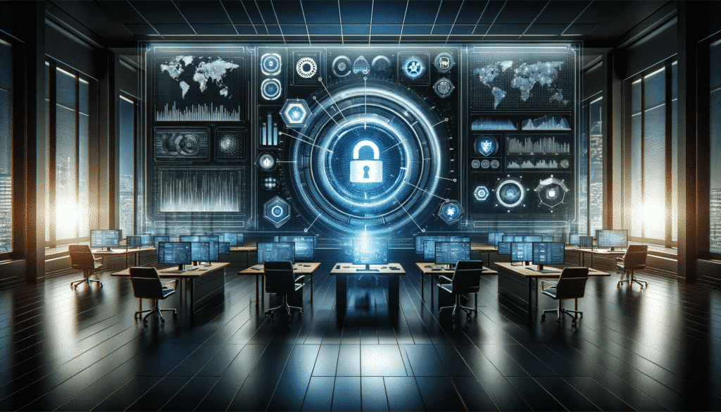 Cybersecurity command center with screens and world maps