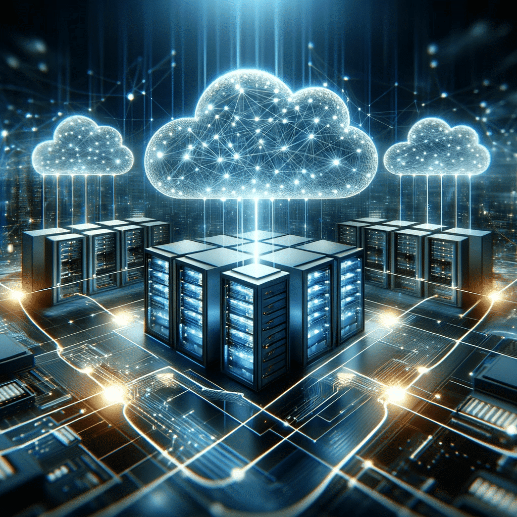 Cloud computing data center and network connections.