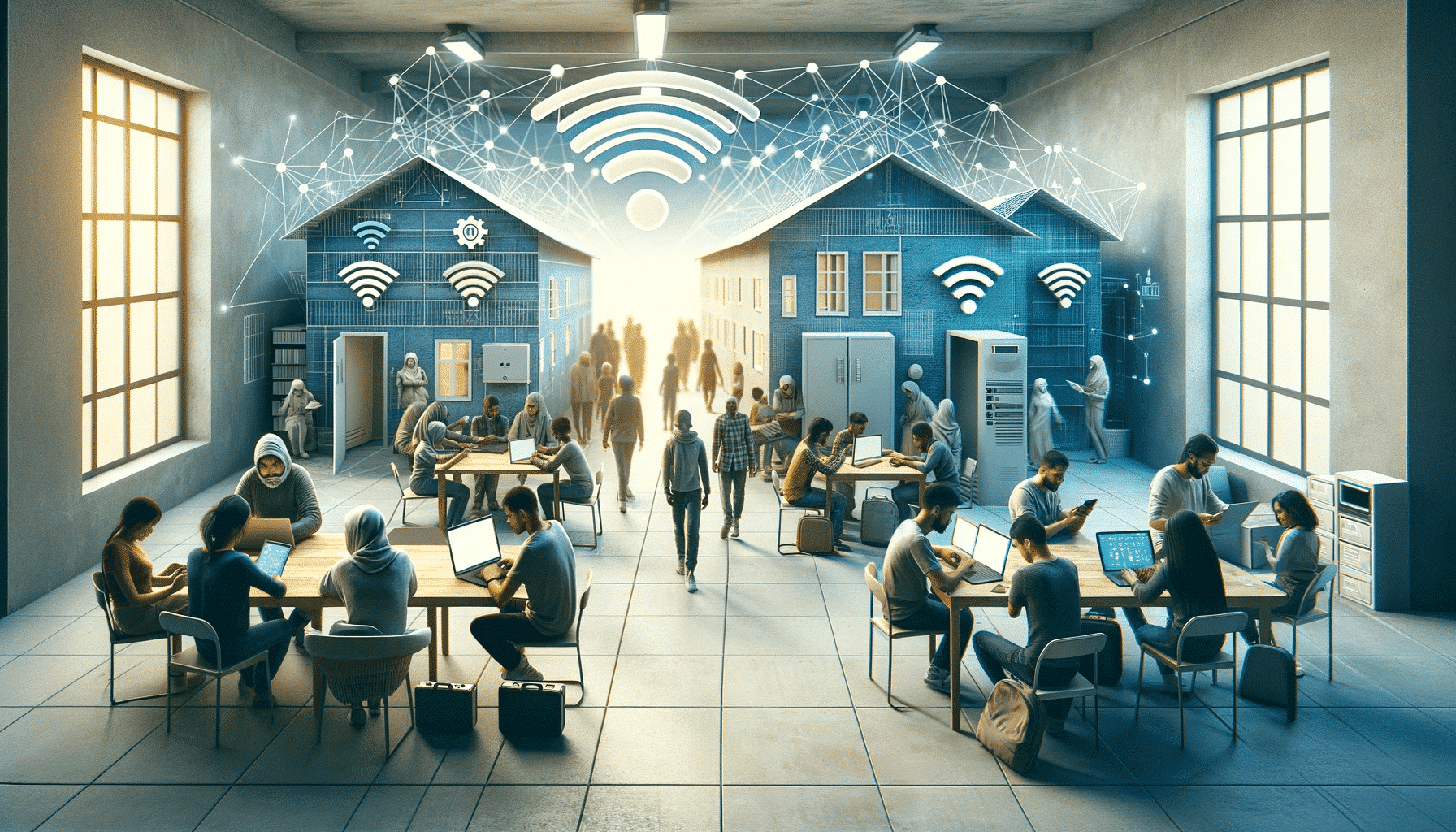 Modern and professional header image for a website, showing an advanced and secure WLAN network in a refugee shelter. Pictured is a diverse group of people from different backgrounds using various digital devices such as smartphones, tablets and laptops, all connected to a robust and secure Wi-Fi network. The environment is clean, organized and features a communal living space with discreetly integrated Wi-Fi routers and access points. The atmosphere conveys a sense of community, connectivity and digital inclusion.