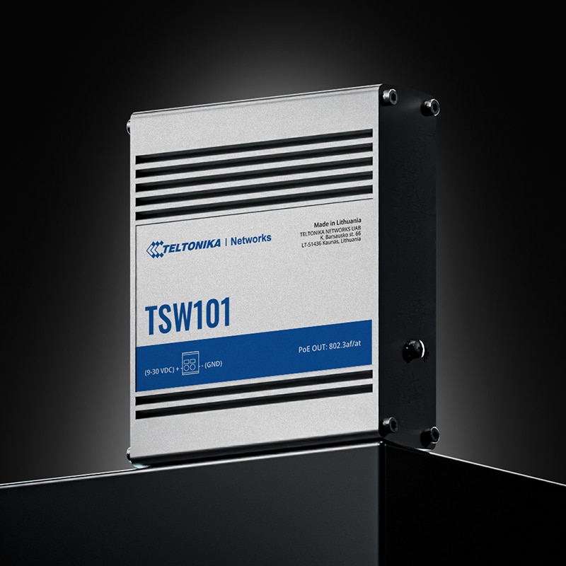 Industrial network switch TSW101 on a dark background.