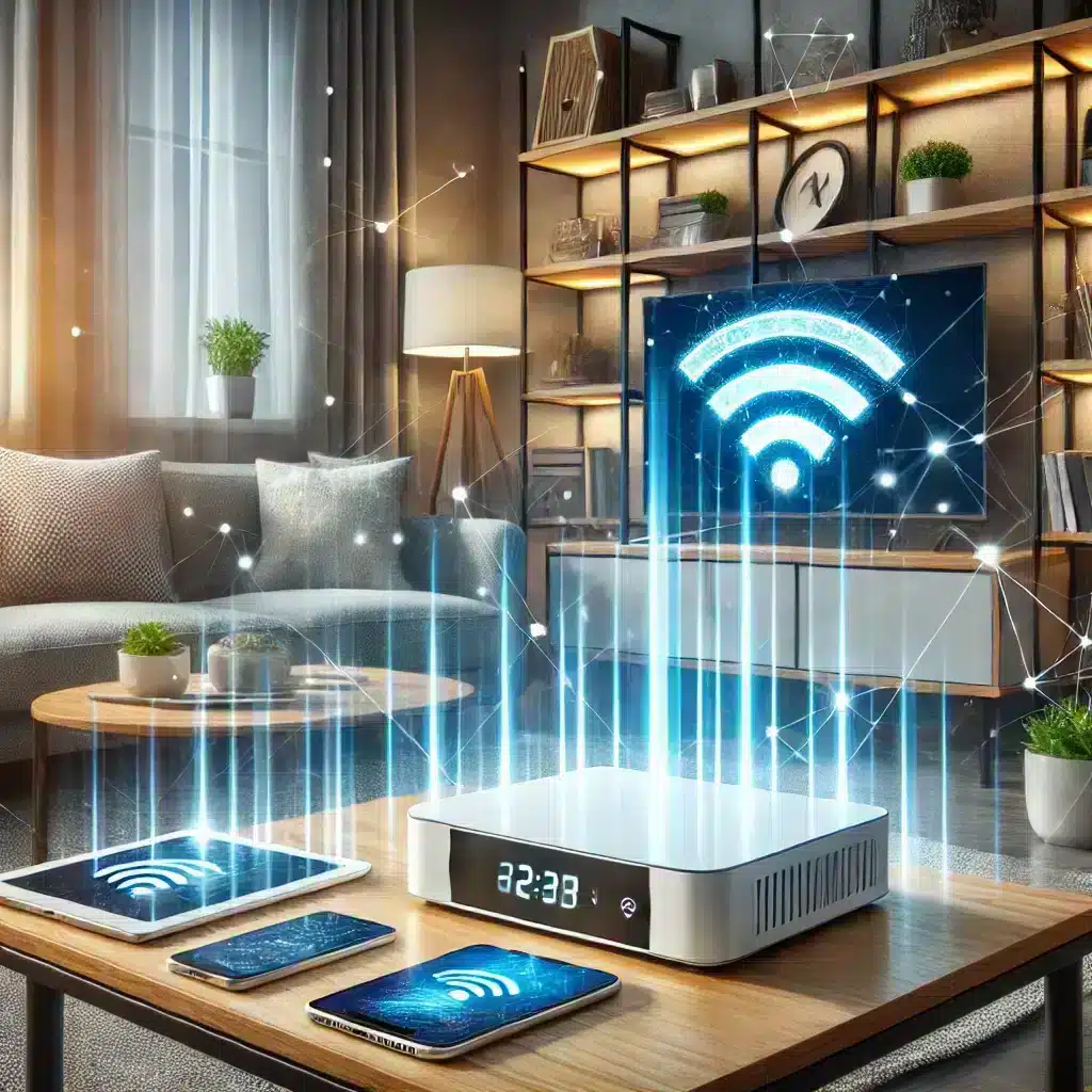 Smart-Home Wohnzimmer mit WLAN-Geräten.