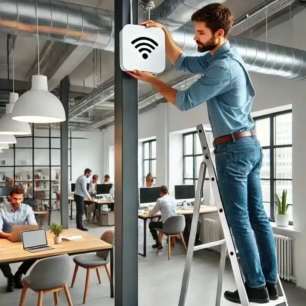 Mann installiert WLAN im Büro