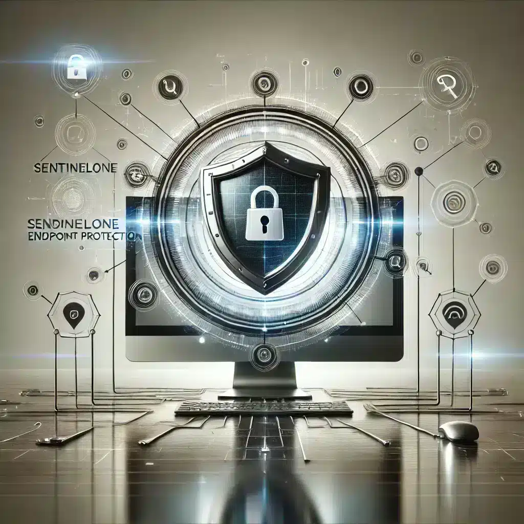 Visualizzazione di SentinelOne Endpoint Protection con un computer centrale e icone a forma di scudo che simboleggiano la sicurezza della rete.