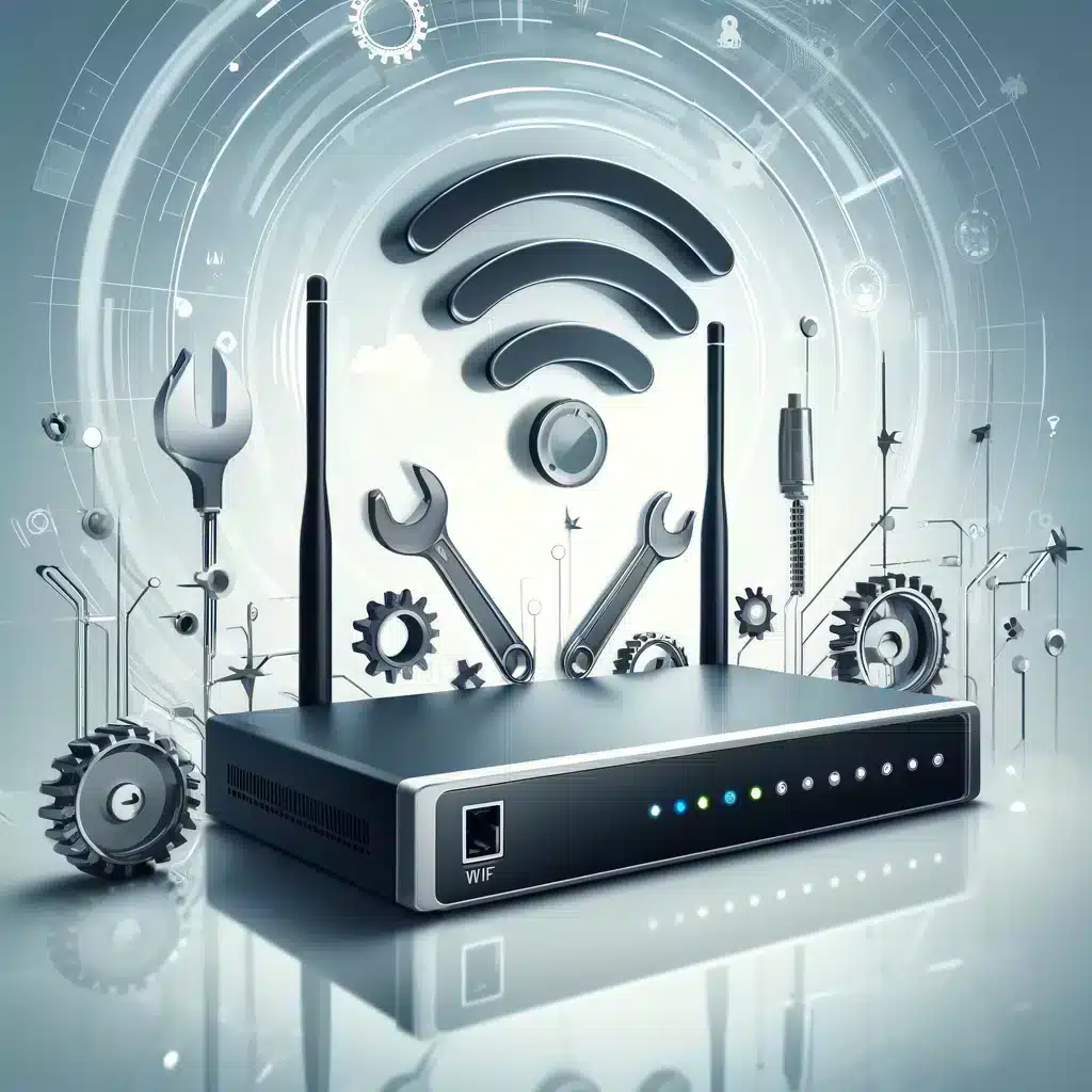 Visualisierung von WLAN-Problemen mit einem Router und Signalwellen, die auf Fehlerbehebung hinweisen