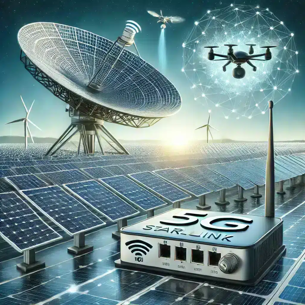 Solar park with Starlink satellite dish, 5G router and drone for automated monitoring