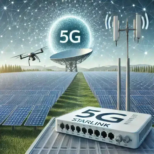 Solar park with 5G router, flying drone and Starlink satellite dish for fast and networked solar park solutions.