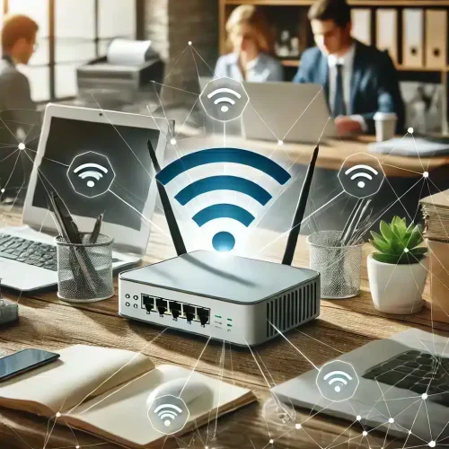 Büroumgebung mit WLAN-Router und Laptops