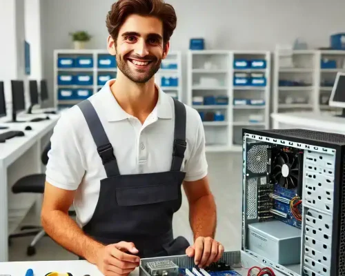 Techniker arbeitet an einem PC in einem modernen Servicezentrum