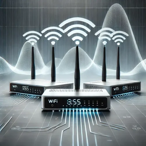 Router WLAN moderno con onde di segnale che rappresentano diverse generazioni di tecnologia WLAN.