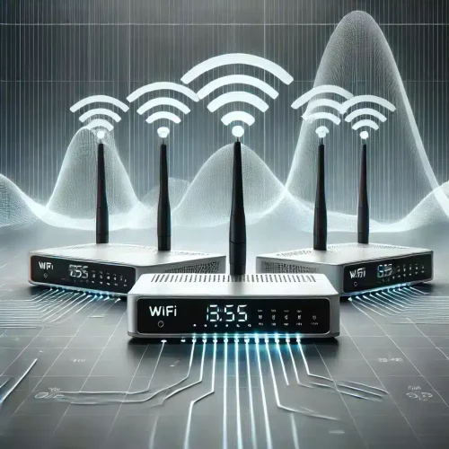 Moderner WLAN-Router mit Signalwellen, die verschiedene Generationen der WLAN-Technologie darstellen